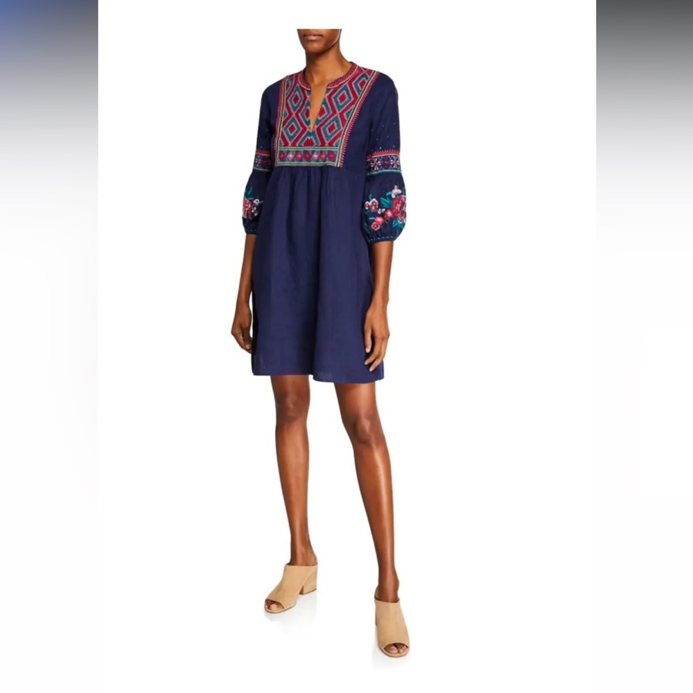 Johnny Was Annalise Bishop-Sleeve Embroidered Peasant Dress Size M